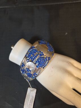 Vintage Joi Collection Art Deco Scalloped Cuff Bracelet - Royal Blue Rhinestones